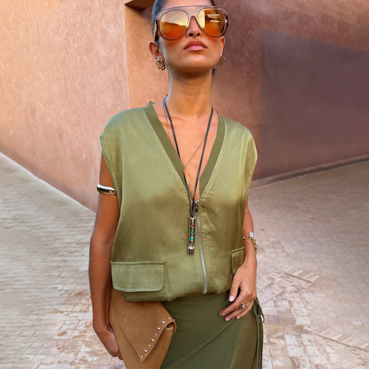Never Fully Dressed Olive Bubble Zip Vest