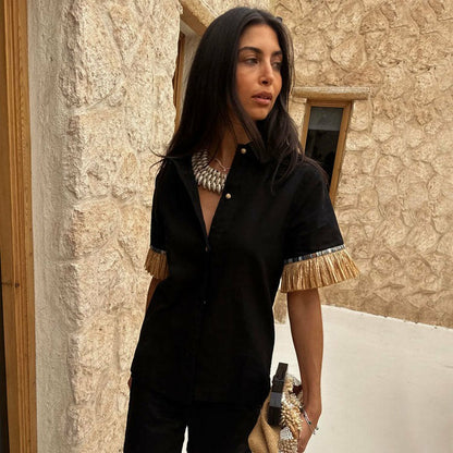 Never Fully Dressed Black Raffia Shirt  UK