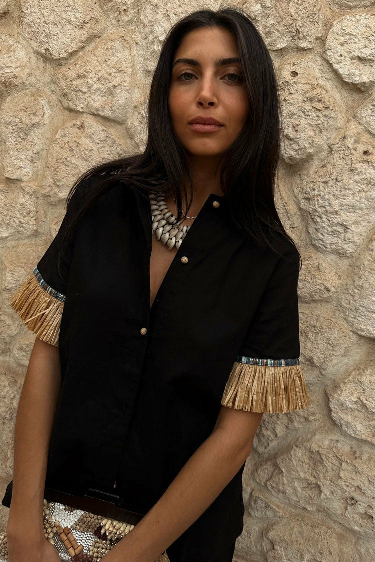 Never Fully Dressed Black Raffia Shirt  UK