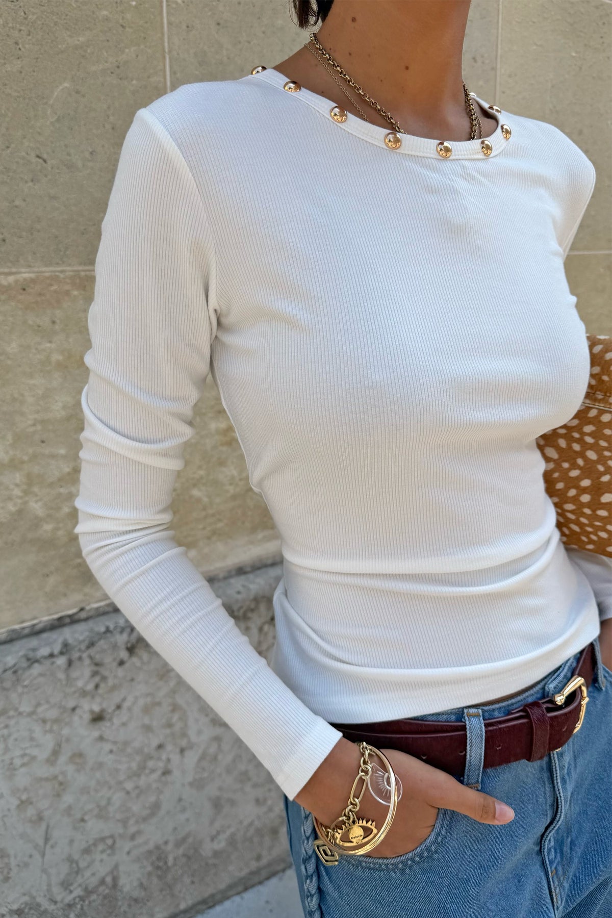 Never Fully Dressed White Stud Long Sleeve Rib Top