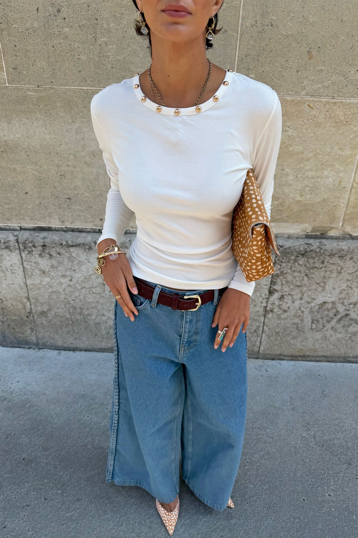Never Fully Dressed White Stud Long Sleeve Rib Top