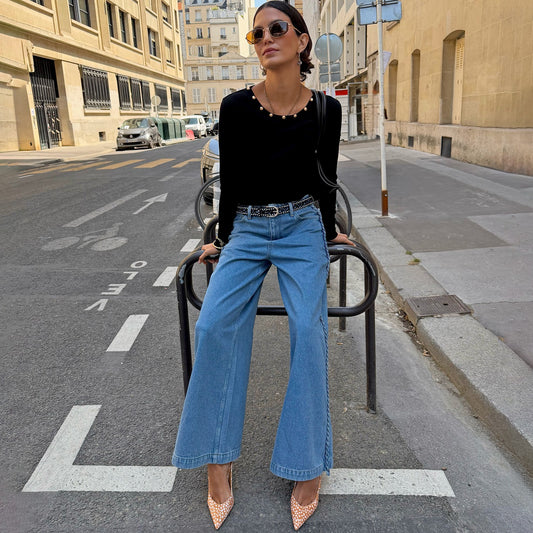 Never Fully Dressed Black Stud Long Sleeve Rib Top