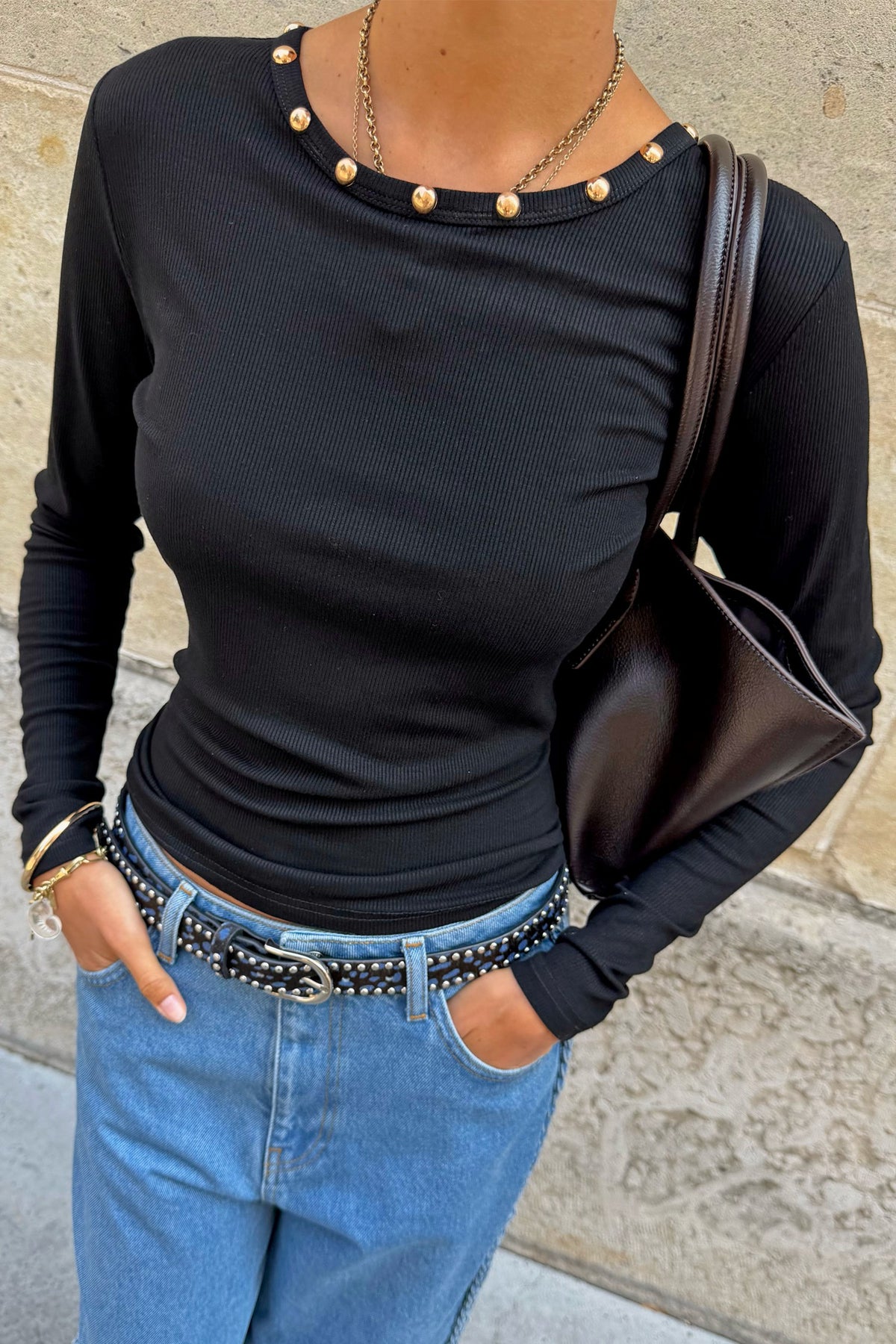 Never Fully Dressed Black Stud Long Sleeve Rib Top