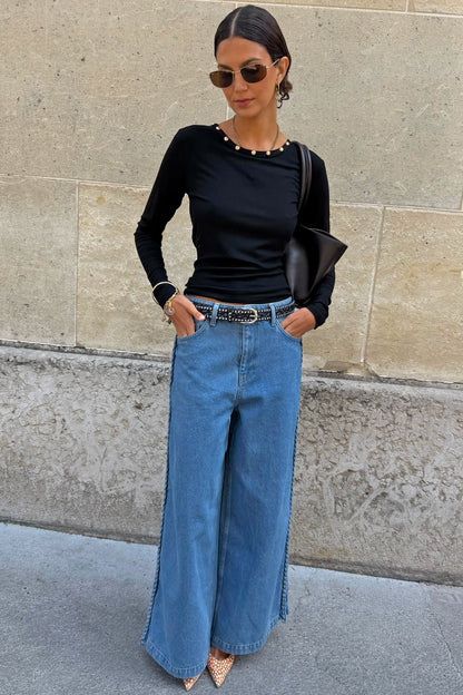 Never Fully Dressed Black Stud Long Sleeve Rib Top