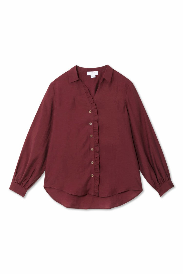 Never Fully Dressed Burgundy Ruffle Miley Shirt