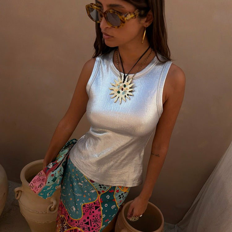 Never Fully Dressed Silver Ribbed Tank Top