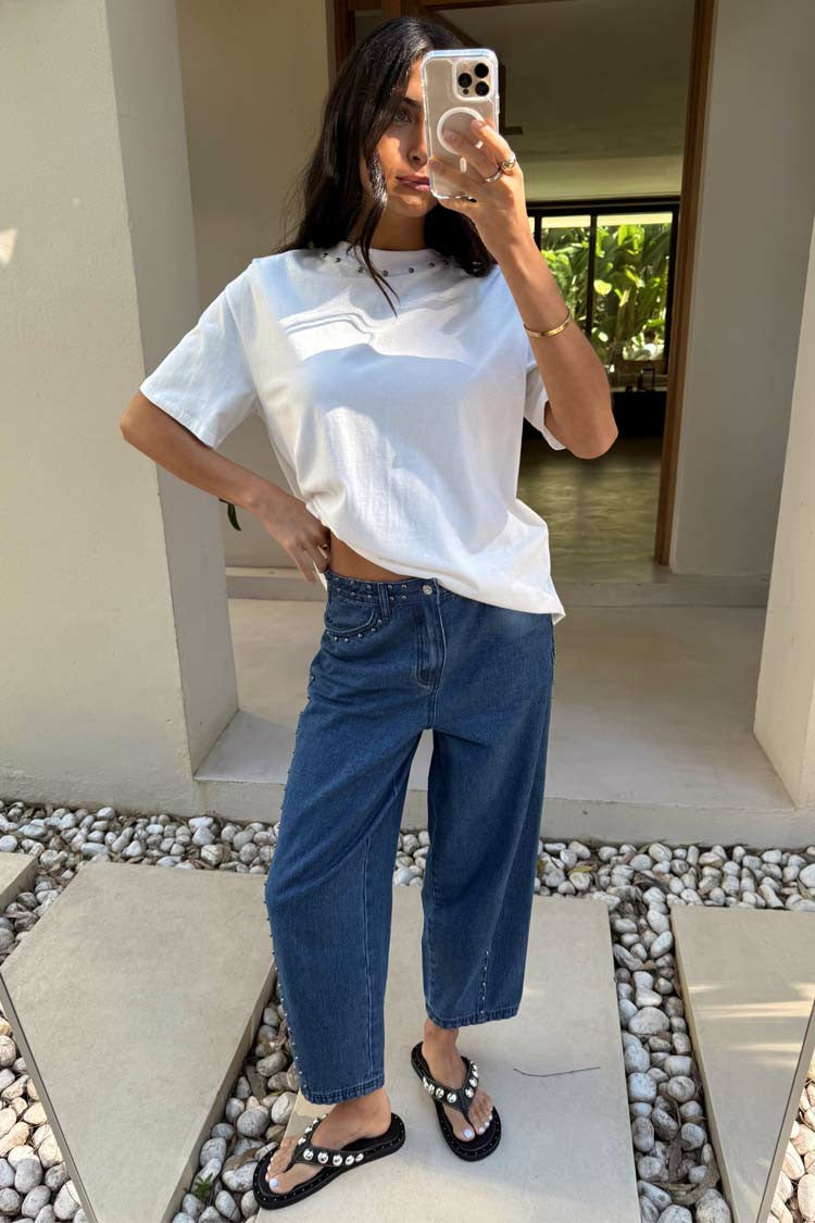 Never Fully Dressed Blue Studded Barrel Jeans
