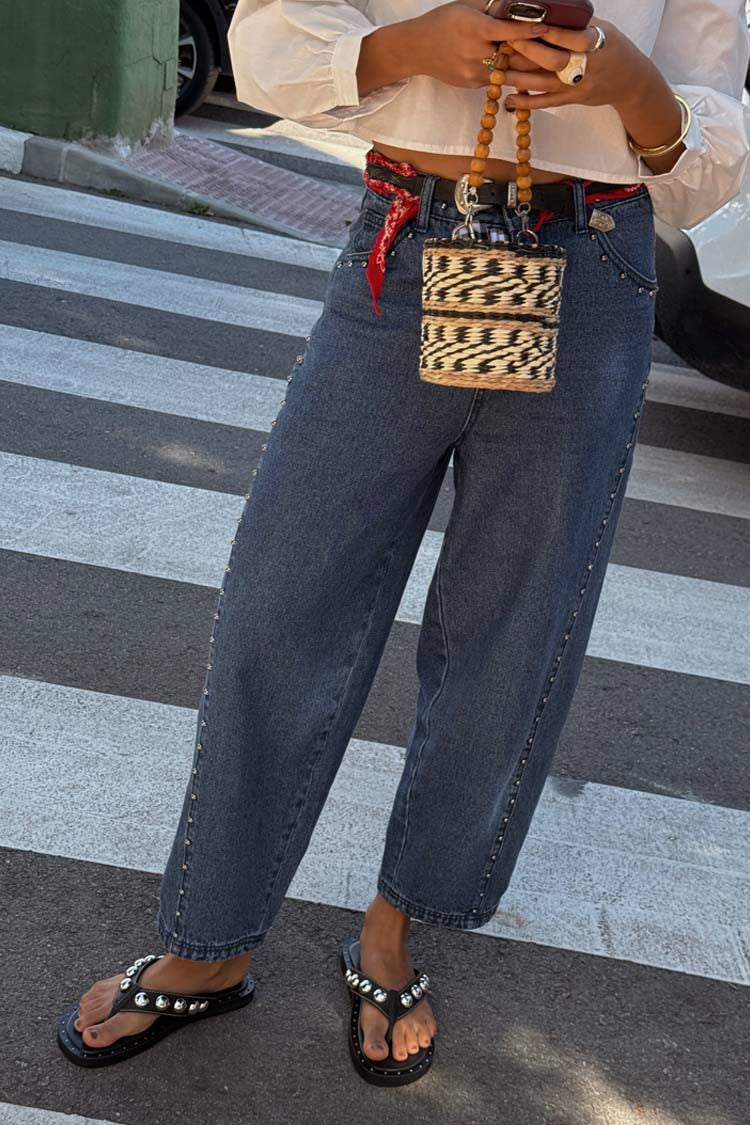 Never Fully Dressed Blue Studded Barrel Jeans