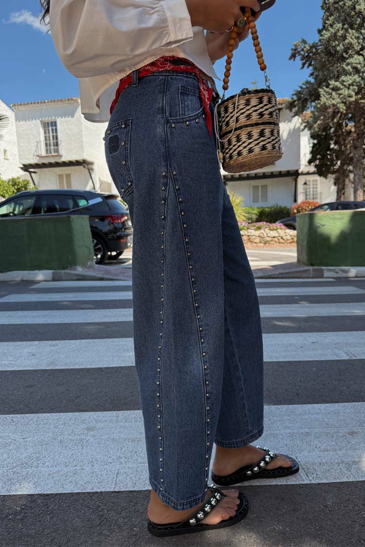 Never Fully Dressed Blue Studded Barrel Jeans