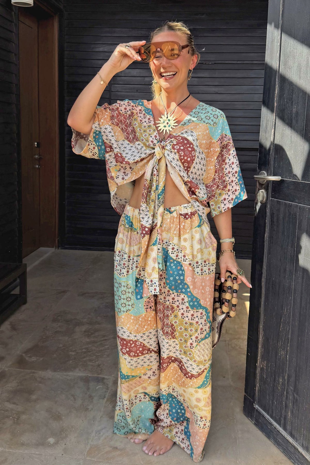Never Fully Dressed Morocco Patchwork Print Wide Leg Trousers