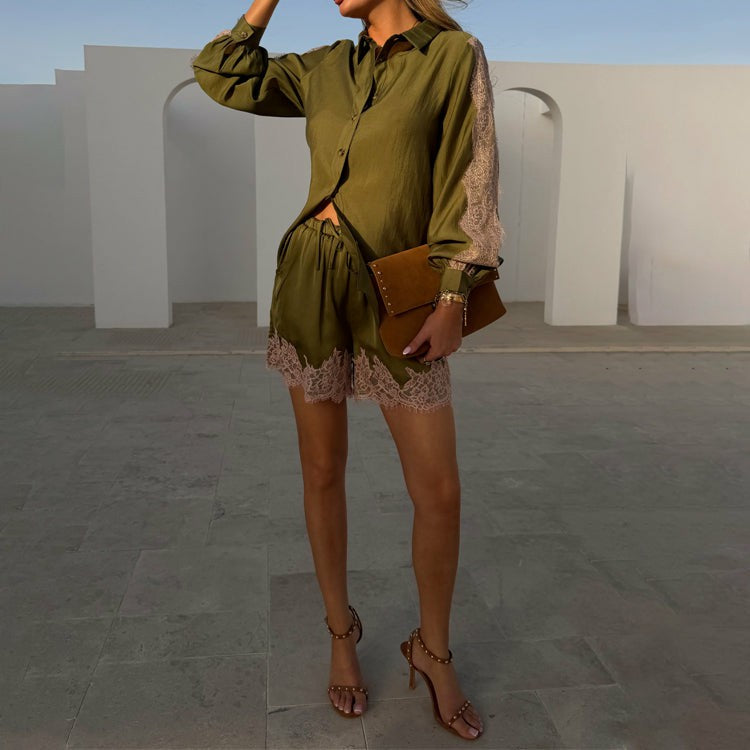 Never Fully Dressed Olive & Pink Lace Shorts