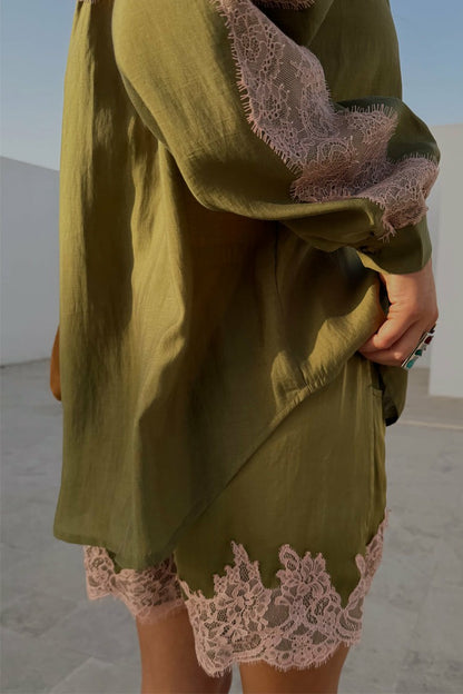 Never Fully Dressed Olive & Pink Lace Shorts