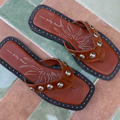 Never Fully Dressed Tan Leather Stud Sandals
