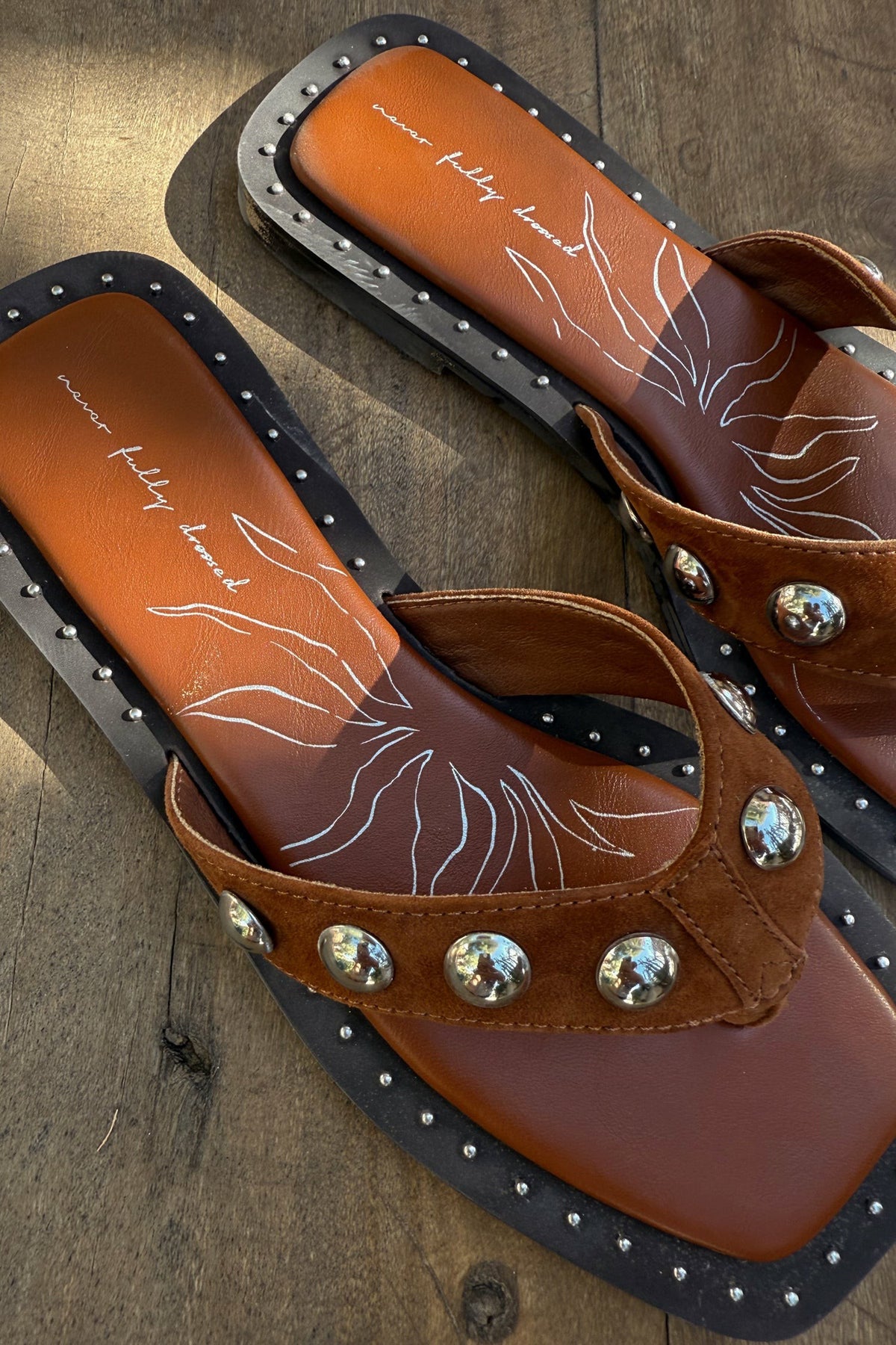 Never Fully Dressed Tan Leather Stud Sandals