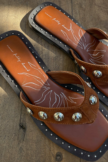 Never Fully Dressed Tan Leather Stud Sandals