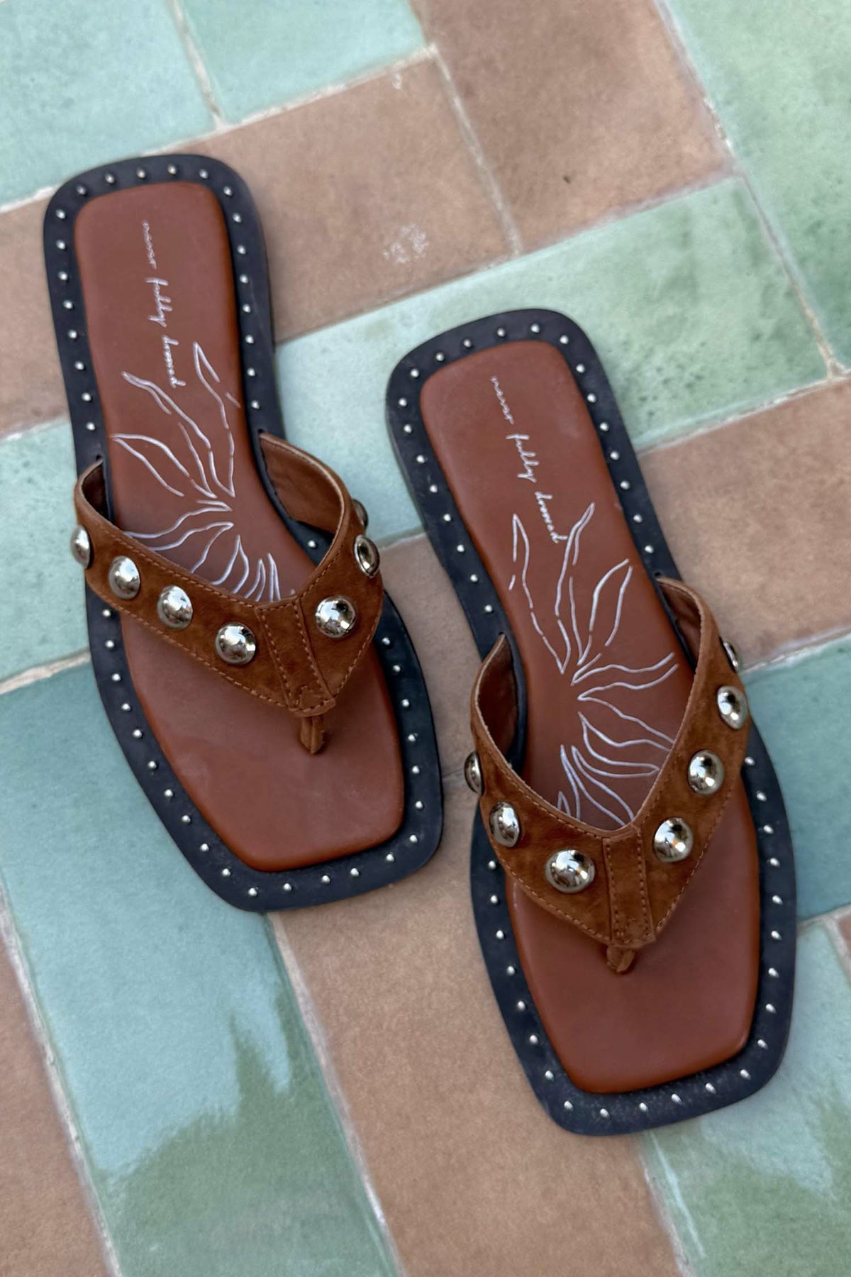 Never Fully Dressed Tan Leather Stud Sandals