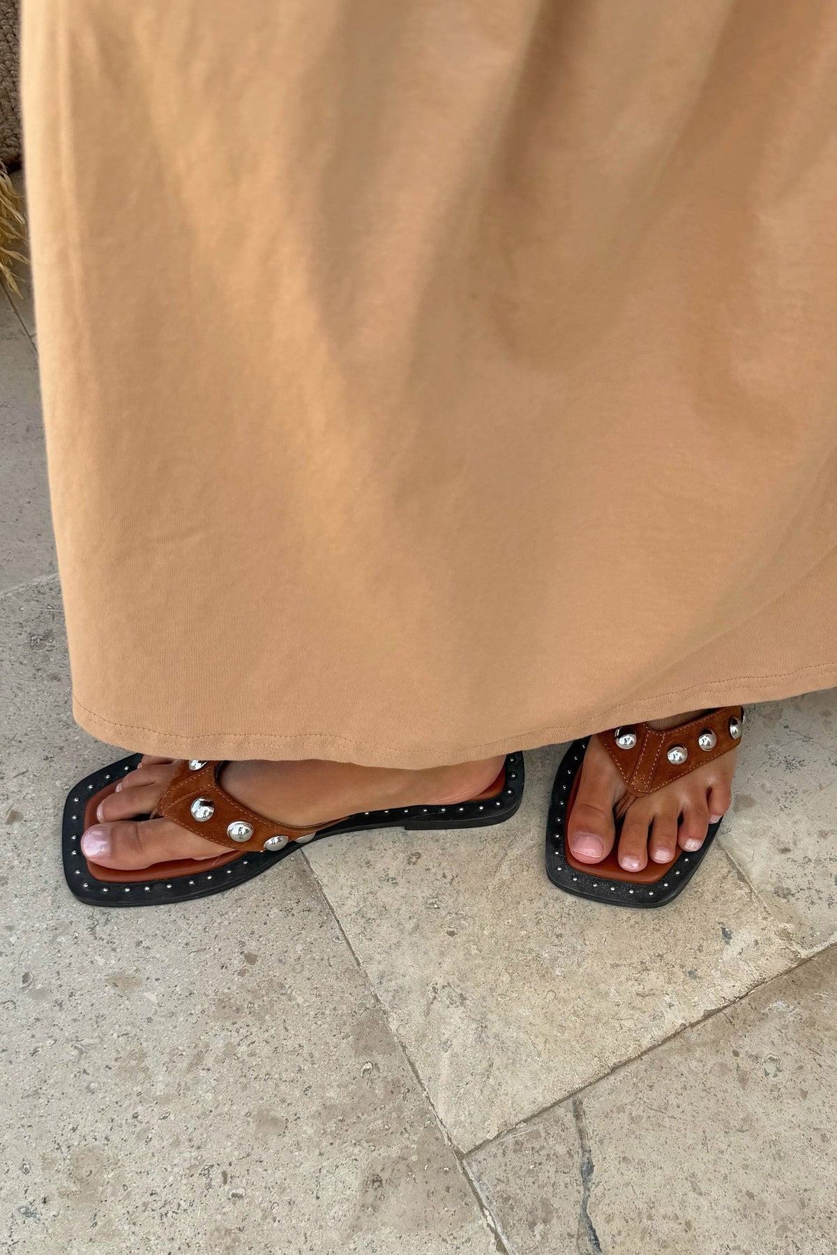 Never Fully Dressed Tan Leather Stud Sandals