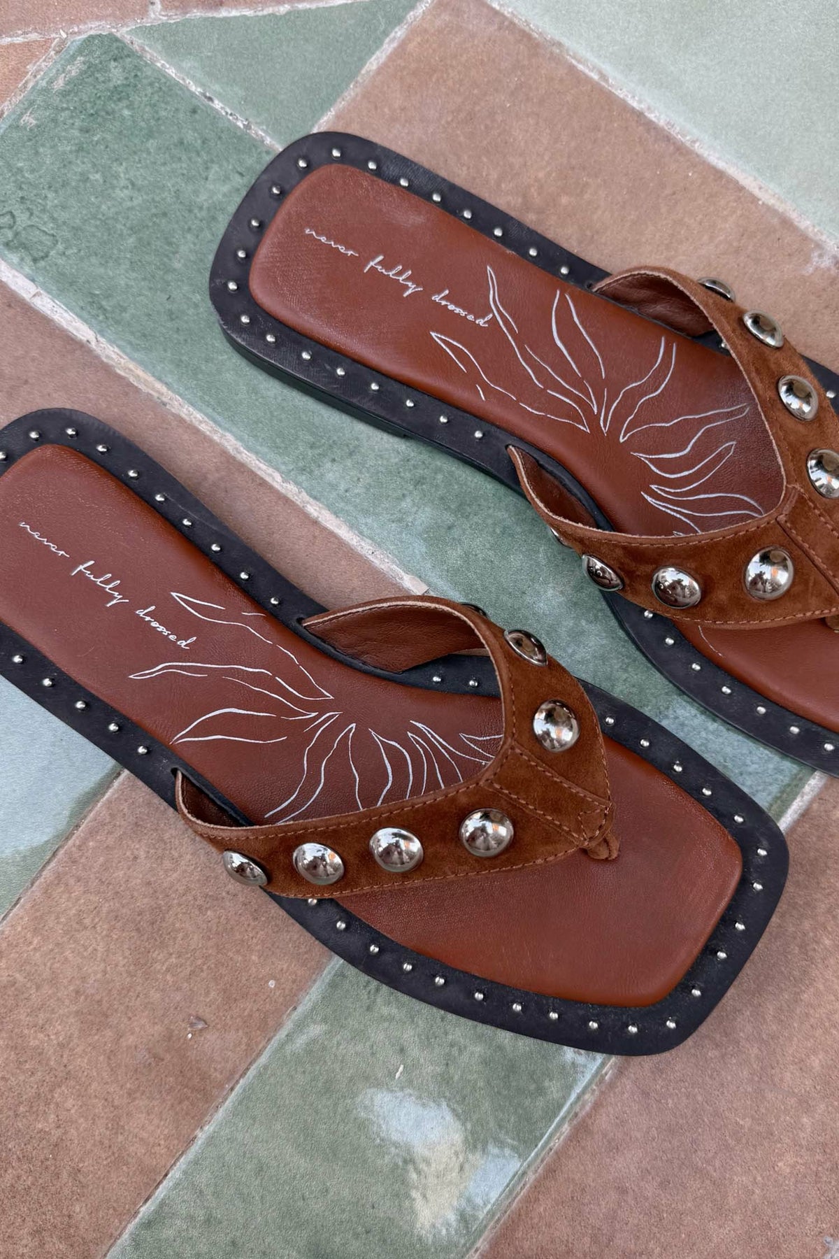 Never Fully Dressed Tan Leather Stud Sandals