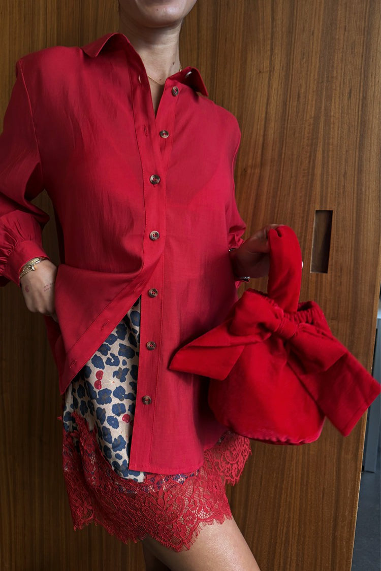 Never Fully Dressed Red Velvet Bow Bag