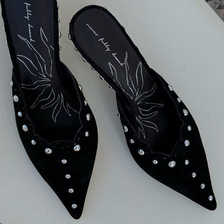 Never Fully Dressed Black Suede Mules with Silver Studs