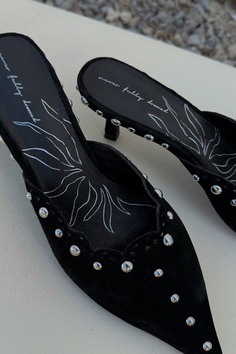 Never Fully Dressed Black Suede Mules with Silver Studs