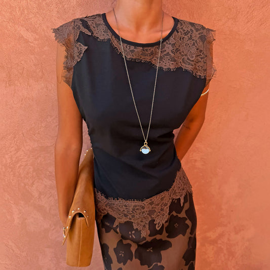 Never Fully Dressed Black and Chocolate Lace Jersey Top
