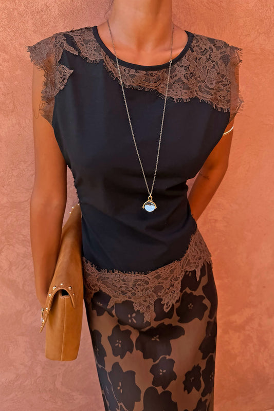 Never Fully Dressed Black and Chocolate Lace Jersey Top