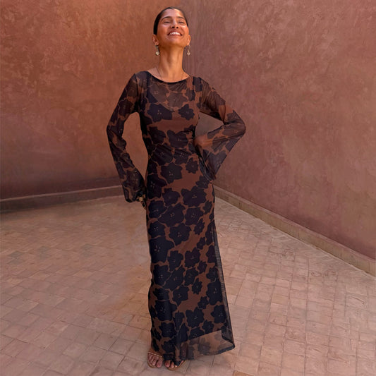 Never Fully Dressed Tan Jaden Floral Mesh Dress Petite