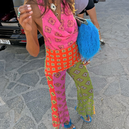 Never Fully Dressed Pink Mix Tile Mesh Flare Trousers Petite